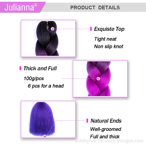 Julianna 24 Inch Wholesale Bulk 3 Tone Yaki Ultra Jumbo Hair Braid Ombre Color Fiber Synthetic Hair Braiding Hair
